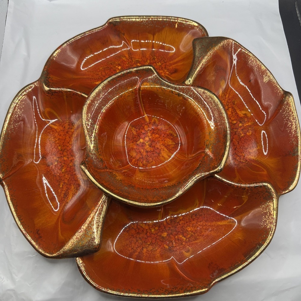 Vintage 1960s California Originals 3pc Chip Dip Set 146 Orange Drip Glaze Gold
